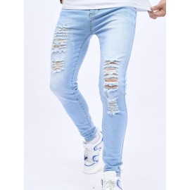 Retro Distressed Knee Ripped Jeans Slim Small Feet Light Blue Cotton Jeans