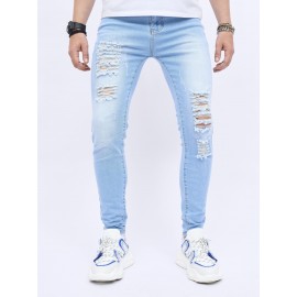 Retro Distressed Knee Ripped Jeans Slim Small Feet Light Blue Cotton Jeans