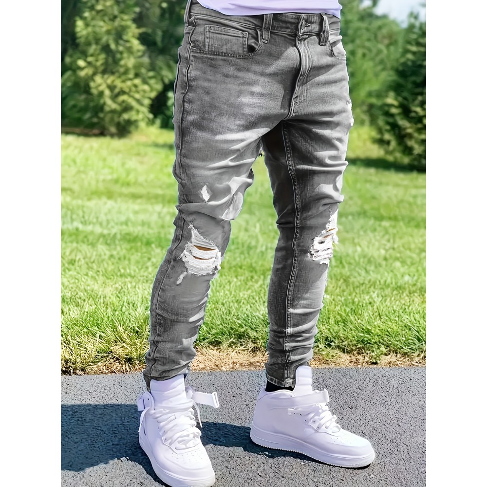 Men's Casual Ripped Skinny Jeans, Chic Street Style Stretch Denim Pants