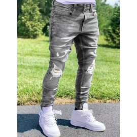 Men's Casual Ripped Skinny Jeans, Chic Street Style Stretch Denim Pants