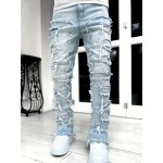 Y2k Hip Hop Style Raw Trim Jeans, Men's Casual Street Style Stretch Denim Pants