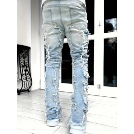 Y2k Hip Hop Style Raw Trim Jeans, Men's Casual Street Style Stretch Denim Pants