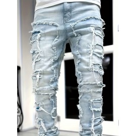 Y2k Hip Hop Style Raw Trim Jeans, Men's Casual Street Style Stretch Denim Pants