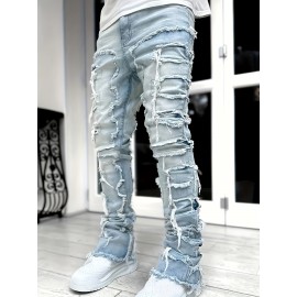 Y2k Hip Hop Style Raw Trim Jeans, Men's Casual Street Style Stretch Denim Pants