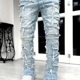 Y2k Hip Hop Style Raw Trim Jeans, Men's Casual Street Style Stretch Denim Pants