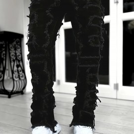 Y2k Hip Hop Style Raw Trim Jeans, Men's Casual Street Style Stretch Denim Pants