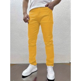 Y2k Slim Fit Jeans, Men's Casual Street Style Solid Color Slightly Stretch Denim Pants For Spring Summer