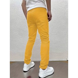 Y2k Slim Fit Jeans, Men's Casual Street Style Solid Color Slightly Stretch Denim Pants For Spring Summer