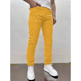 Y2k Slim Fit Jeans, Men's Casual Street Style Solid Color Slightly Stretch Denim Pants For Spring Summer