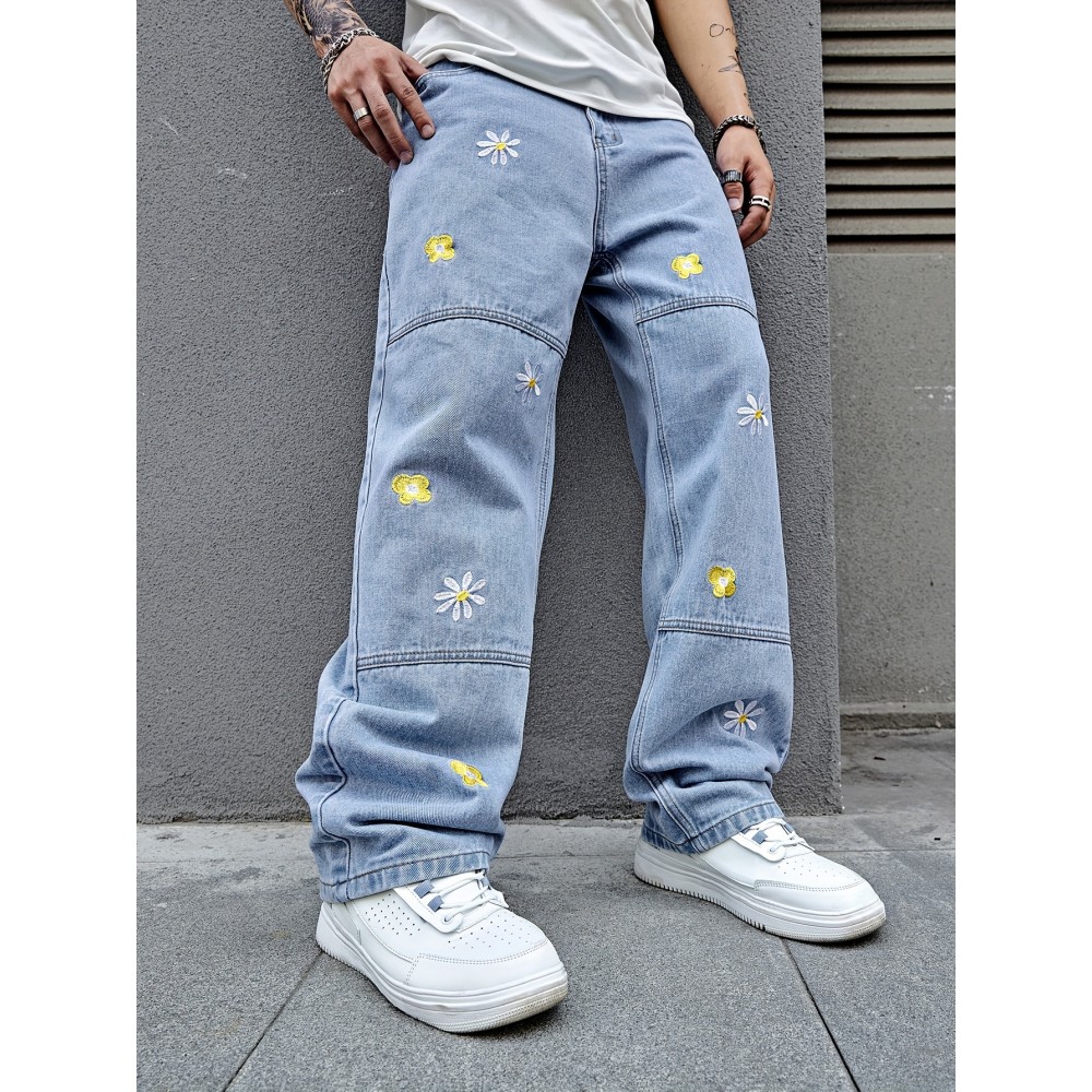 Men's Flower Embroidery Loose Fit Jeans, Casual Street Style Jeans