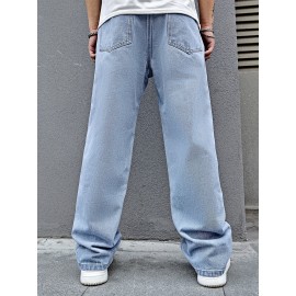 Men's Flower Embroidery Loose Fit Jeans, Casual Street Style Jeans