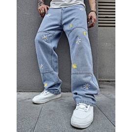 Men's Flower Embroidery Loose Fit Jeans, Casual Street Style Jeans