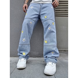 Men's Flower Embroidery Loose Fit Jeans, Casual Street Style Jeans