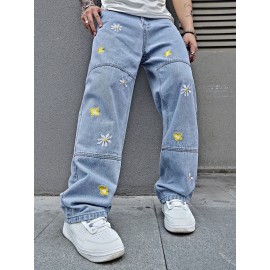 Men's Flower Embroidery Loose Fit Jeans, Casual Street Style Jeans