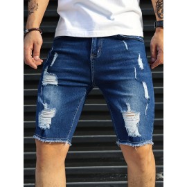 Slim Fit Ripped Denim Shorts, Men's Casual Street Style Medium Stretch Distressed Denim Shorts For Summer