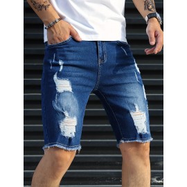 Slim Fit Ripped Denim Shorts, Men's Casual Street Style Medium Stretch Distressed Denim Shorts For Summer