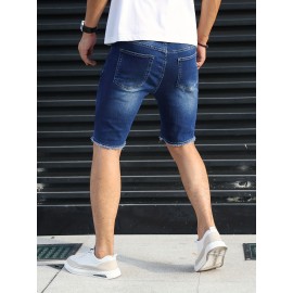 Slim Fit Ripped Denim Shorts, Men's Casual Street Style Medium Stretch Distressed Denim Shorts For Summer