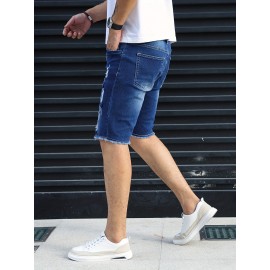 Slim Fit Ripped Denim Shorts, Men's Casual Street Style Medium Stretch Distressed Denim Shorts For Summer