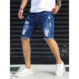 Slim Fit Ripped Denim Shorts, Men's Casual Street Style Medium Stretch Distressed Denim Shorts For Summer