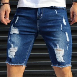 Slim Fit Ripped Denim Shorts, Men's Casual Street Style Medium Stretch Distressed Denim Shorts For Summer