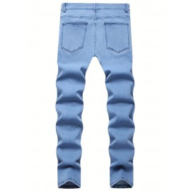 Slim Fit Ripped Jeans, Men's Casual Street Style Solid Color Slightly Stretch Denim Pants For Spring Summer