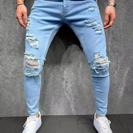 Slim Fit Ripped Jeans, Men's Casual Street Style Solid Color Slightly Stretch Denim Pants For Spring Summer