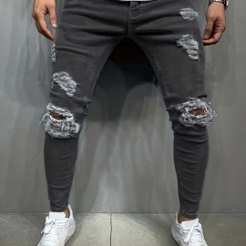 Slim Fit Ripped Jeans, Men's Casual Street Style Solid Color Slightly Stretch Denim Pants For Spring Summer