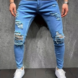 Slim Fit Ripped Jeans, Men's Casual Street Style Solid Color Slightly Stretch Denim Pants For Spring Summer