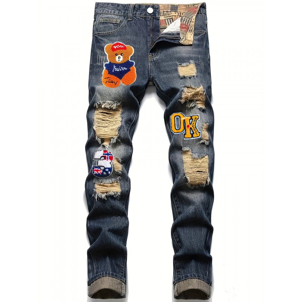 Men's Casual Embroidery Jeans, Chic Street Style Distressed Denim Pants