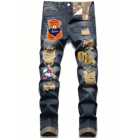 Men's Casual Embroidery Jeans, Chic Street Style Distressed Denim Pants