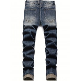 Men's Casual Embroidery Jeans, Chic Street Style Distressed Denim Pants