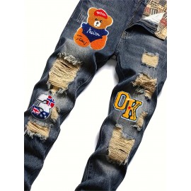 Men's Casual Embroidery Jeans, Chic Street Style Distressed Denim Pants