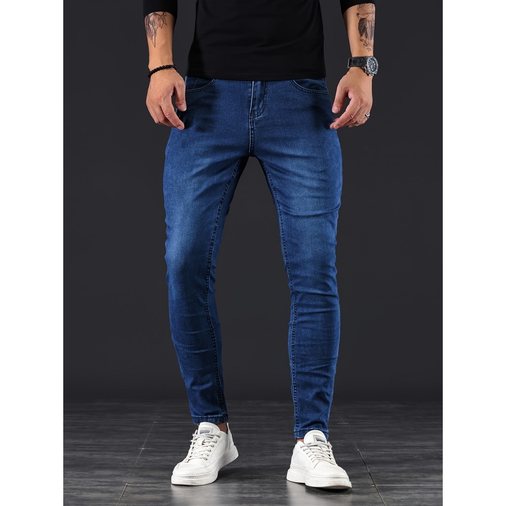 Chic Skinny Medium Stretch Jeans, Men's Casual Street Style Distressed Denim Pants