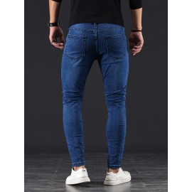 Chic Skinny Medium Stretch Jeans, Men's Casual Street Style Distressed Denim Pants