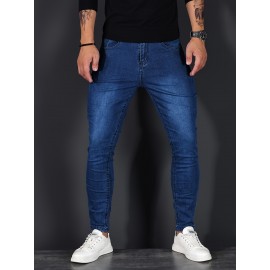 Chic Skinny Medium Stretch Jeans, Men's Casual Street Style Distressed Denim Pants