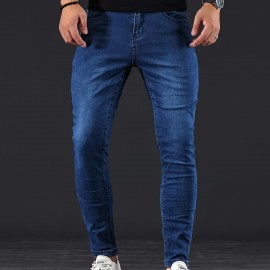 Chic Skinny Medium Stretch Jeans, Men's Casual Street Style Distressed Denim Pants