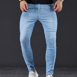 Chic Skinny Medium Stretch Jeans, Men's Casual Street Style Distressed Denim Pants