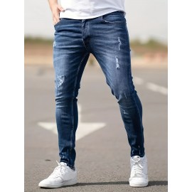 Men's Casual Skinny Ripped Jeans, Street Style Classic Design Jeans