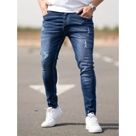 Men's Casual Skinny Ripped Jeans, Street Style Classic Design Jeans