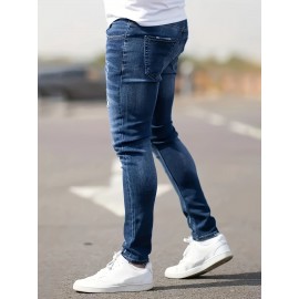 Men's Casual Skinny Ripped Jeans, Street Style Classic Design Jeans