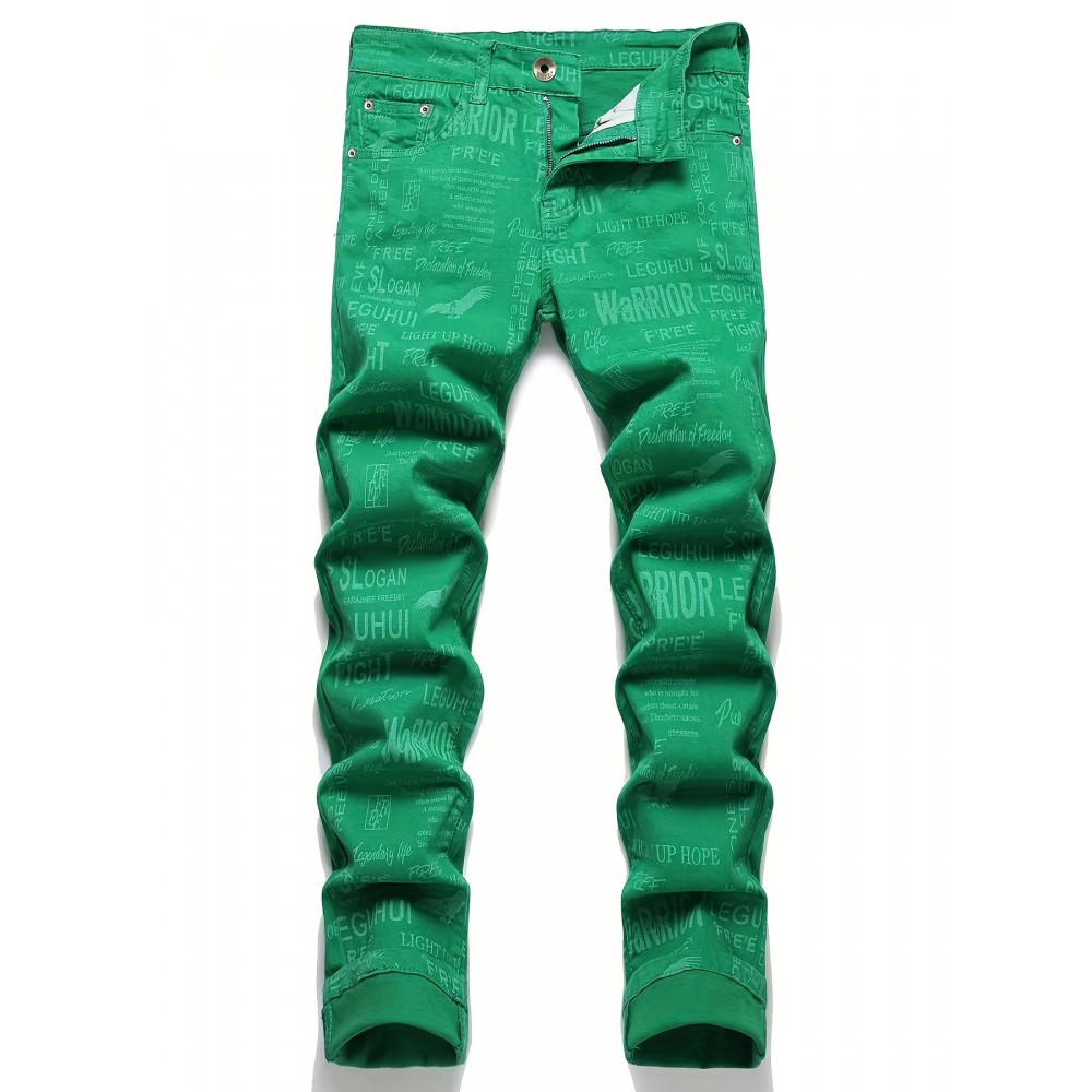 Men's Solid Color Jeans, Winter Casual Alphabets Print Slim Fit Straight Jeans