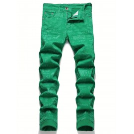 Men's Solid Color Jeans, Winter Casual Alphabets Print Slim Fit Straight Jeans