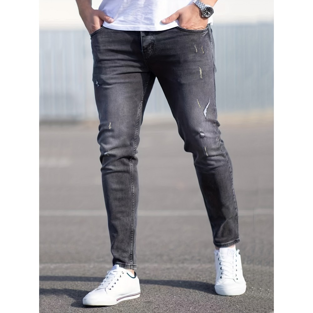 Slim Fit Stretch Jeans, Men's Casual Street Style Distressed Denim Pants With Pockets