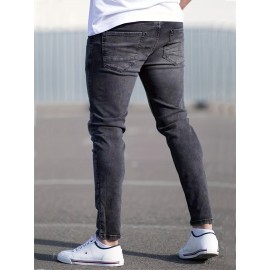 Slim Fit Stretch Jeans, Men's Casual Street Style Distressed Denim Pants With Pockets