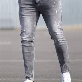 Slim Fit Stretch Jeans, Men's Casual Street Style Distressed Denim Pants With Pockets