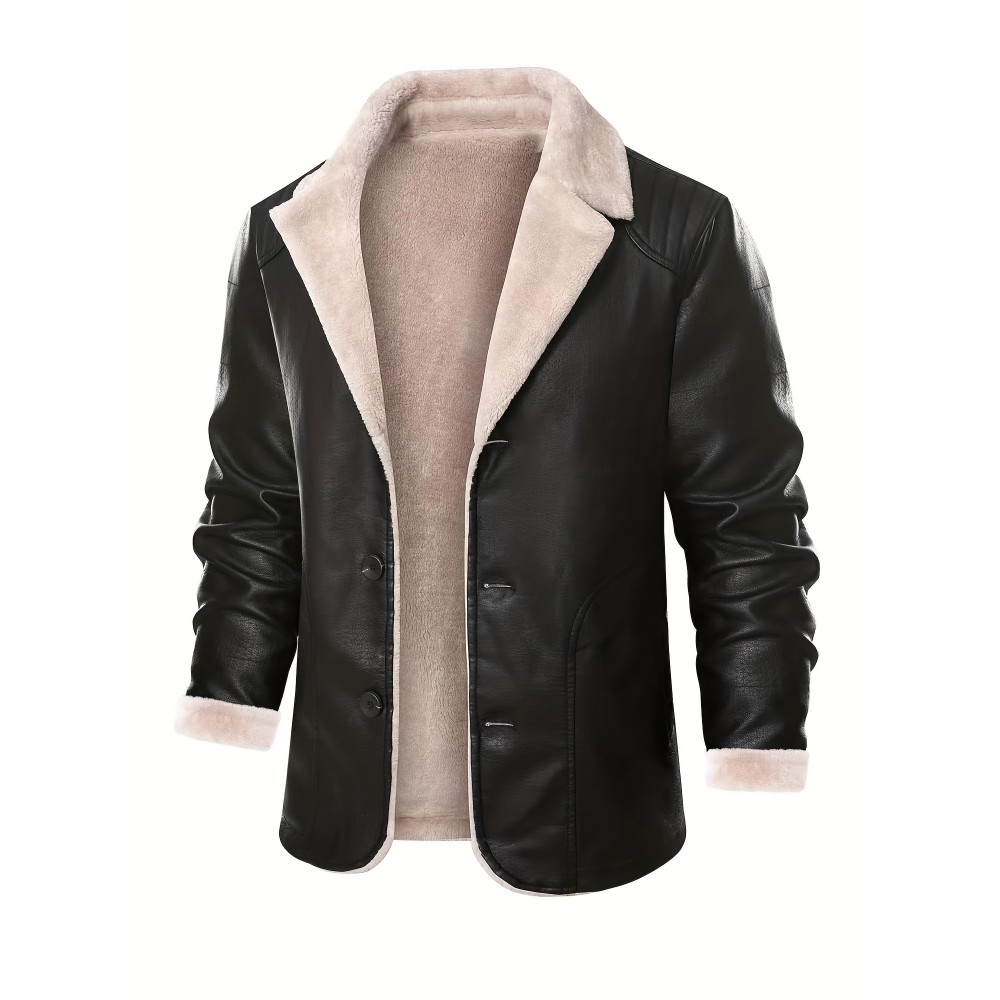 Warm Fleece PU Jacket, Men's Casual Lapel Faux Leather Jacket For Fall Winter