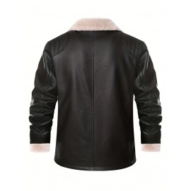 Warm Fleece PU Jacket, Men's Casual Lapel Faux Leather Jacket For Fall Winter