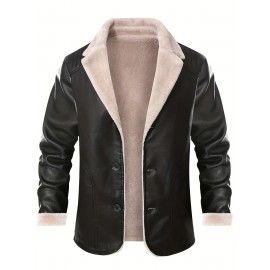 Warm Fleece PU Jacket, Men's Casual Lapel Faux Leather Jacket For Fall Winter