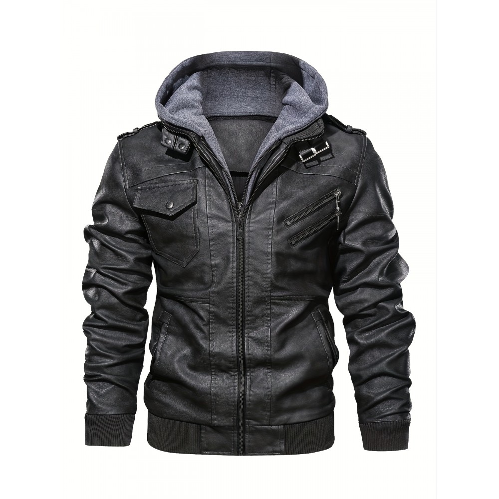 Men's PU Leather Hooded Pockets Zipper Long Sleeves Jackets