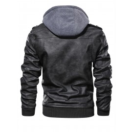 Men's PU Leather Hooded Pockets Zipper Long Sleeves Jackets